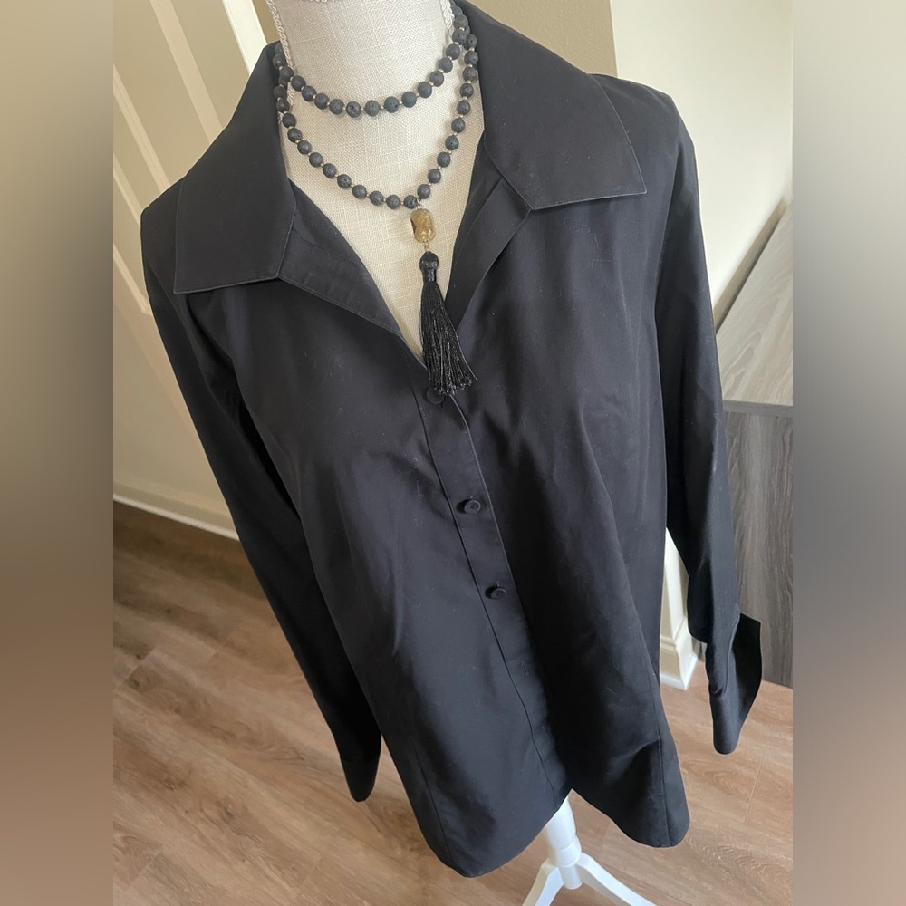 Talbots Woman Black Long-sleeve Collared Button-up 16W Cotton Machine Wash & Dry - Picture 5 of 7